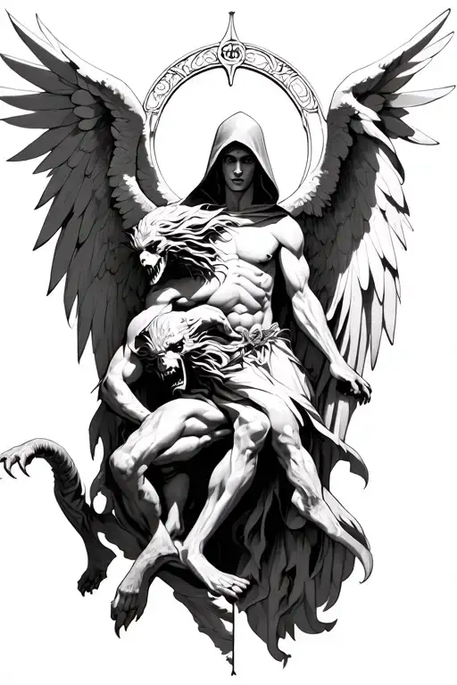 Hooded Arch Angel Defeating A Demon