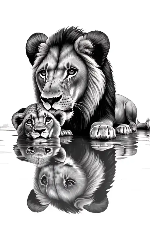 Baby Lion Looking At Dad Lion In A Reflection