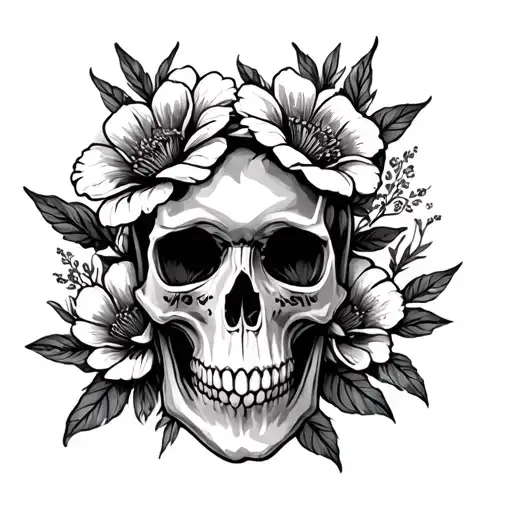 Skull And Flowers Blooming American Traditional And Animals