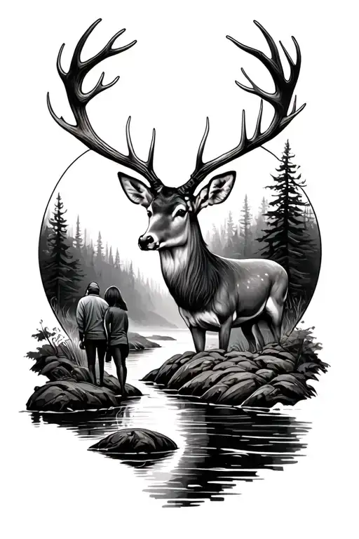 Deer Antlers With A Brook And 2 People