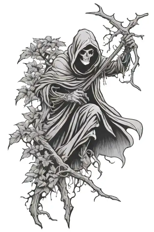 Hooded Reaper In Woods Surrounded By Trees