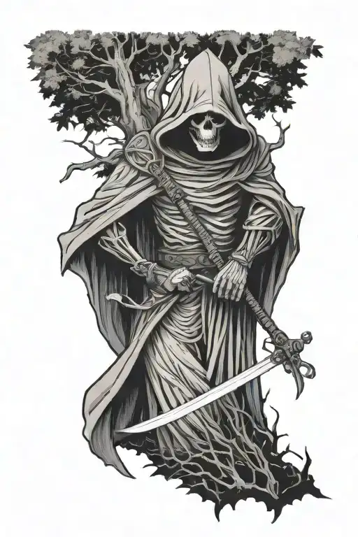 Hooded Reaper In Woods Surrounded By Trees With Sword