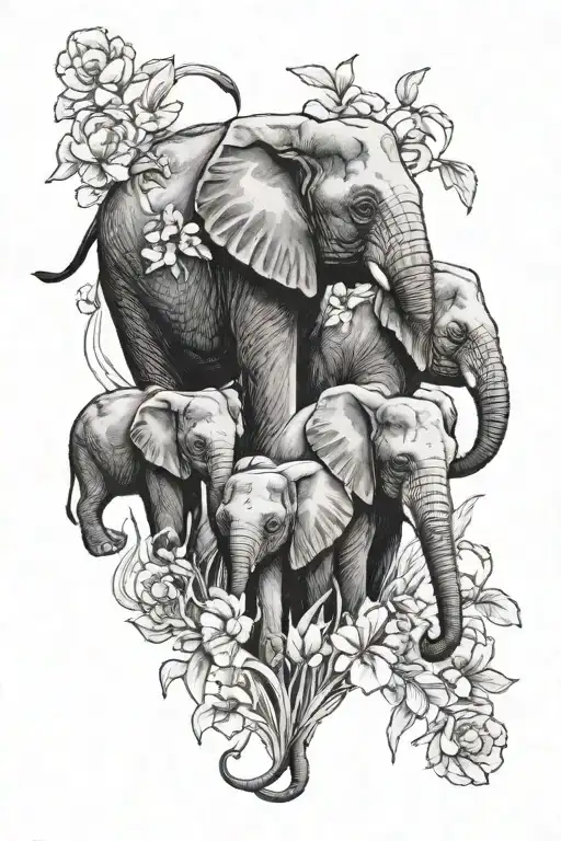 Carnations And Snowdrops With Baby Elephants Holding Trunks