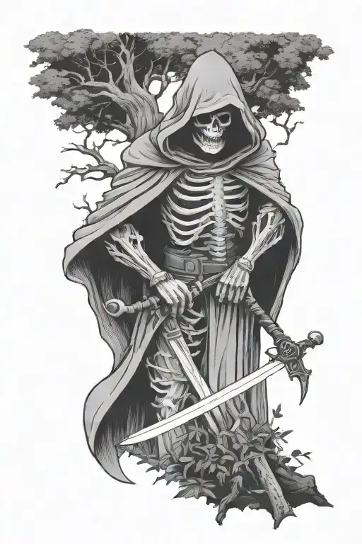 Hooded Reaper In Woods Surrounded By Trees With Sword