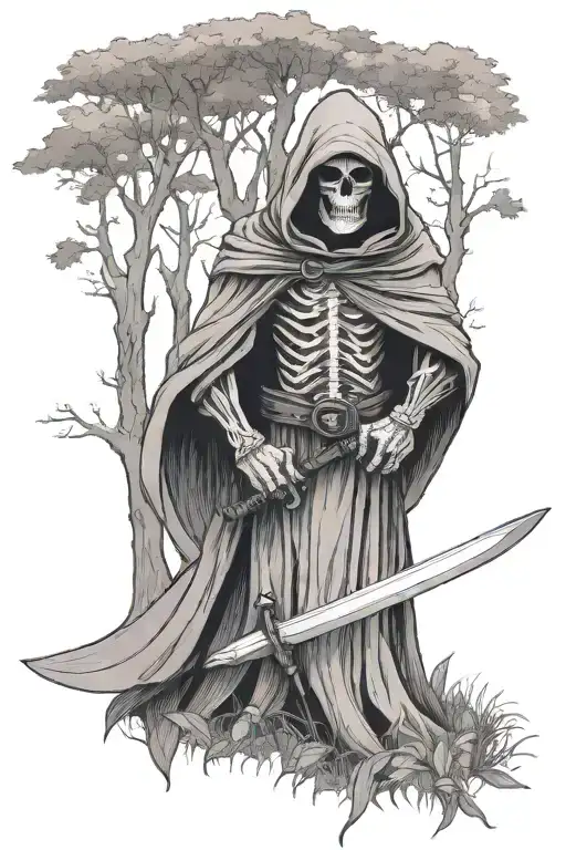Hooded Reaper In Woods Surrounded By Trees With Sword