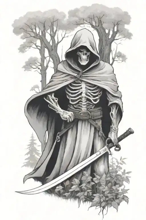 Faceless Hooded Reaper In Woods Surrounded By Trees With Sword