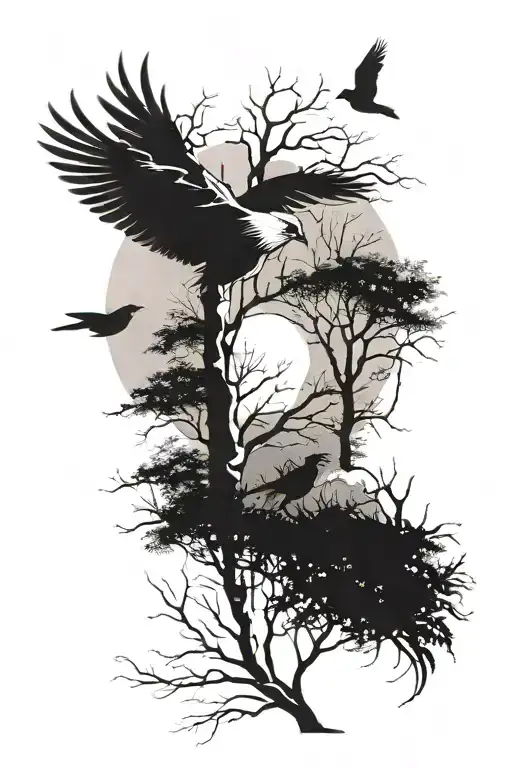 Birch Trees And Bird Flying Away Top And Sunrise