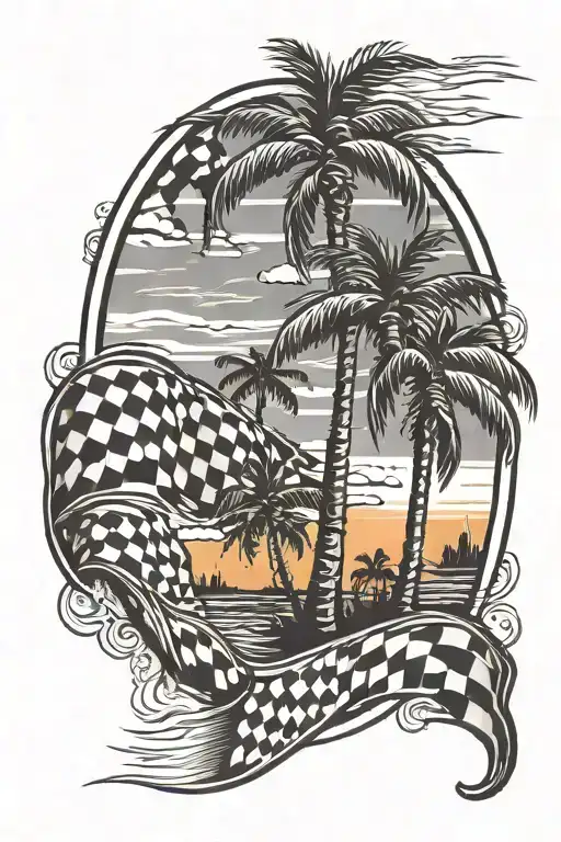 Checkered Flag And Palm Trees Colors Sunset