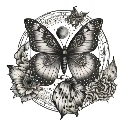 A Detailed Black And Grey Butterfly With Intricate Moon Phases Incorporated Into Its Wings