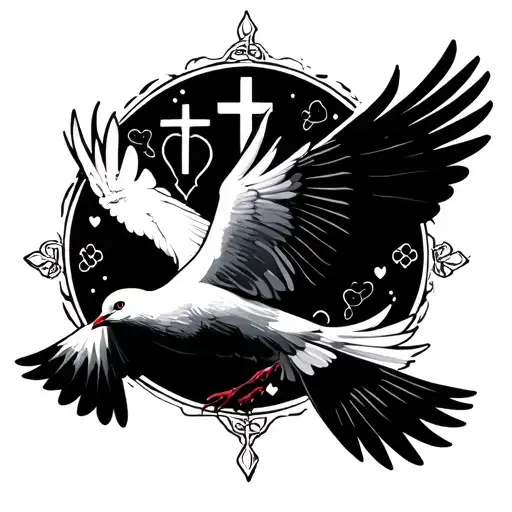 Two Doves Flying Together Representing Love With Some Cross And Christian Details Around Them
