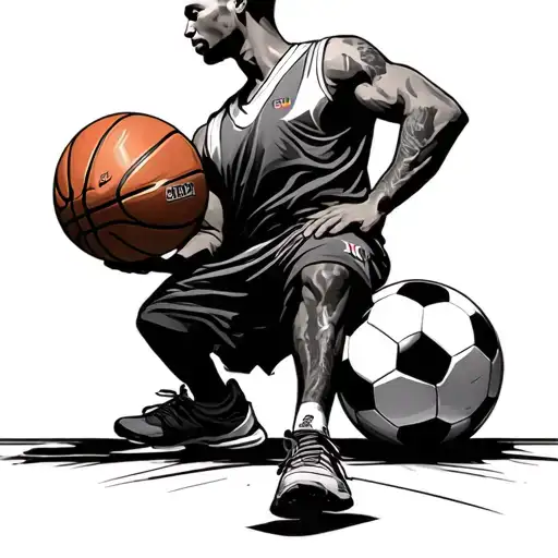 Man Standing Back Turned Holding Basketball In Hand And One Foot On A Soccer Ball