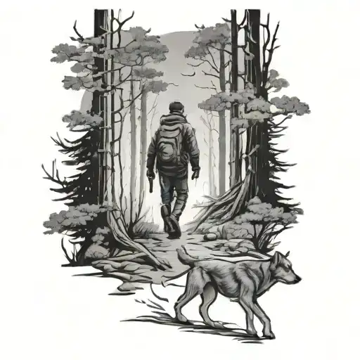 Man Walking Out Of The Woods With Dog