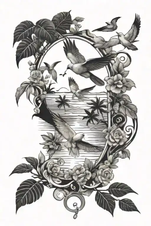 Tropical Scenery With Doves And Crescent Moon