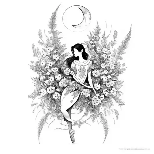 A Graceful Dancer Surrounded By Blooming Flowers And A Crescent Moon
