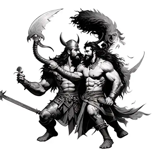 Persian Warrior And Powerful Viking Fighting Together