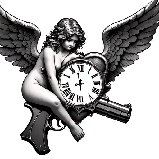 Heart Angel Sitting On Gun With Clock
