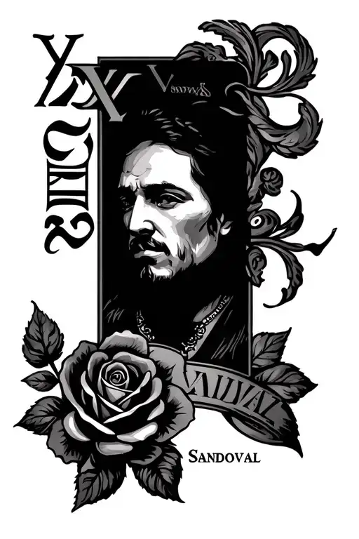 Sandoval In Old English With A Rose On The Left Side With Shading And Roman Numerals Under Sandoval