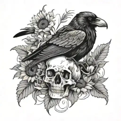 Raven Sitting On Top Of A Human Skull Surrounded By Sunflowers