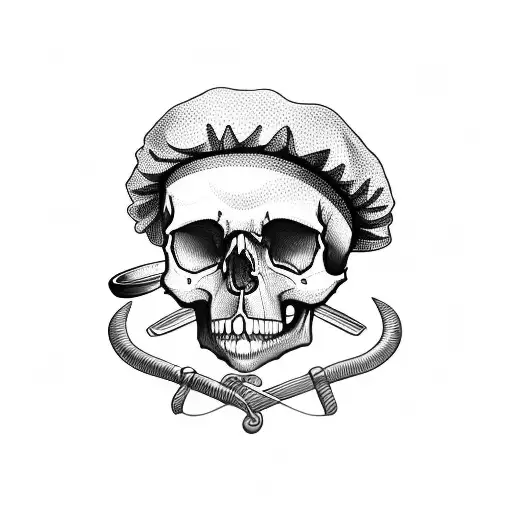 Skull Wearing Beret With Crossed Spoon And Spatula Behind