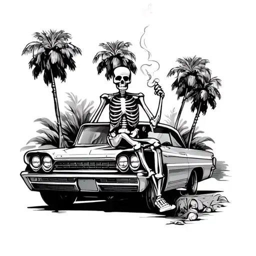 Cuan Skeleton Smoking While Sittin On Hood Of Old Lowrider Impala And Palm Trees Behind It
