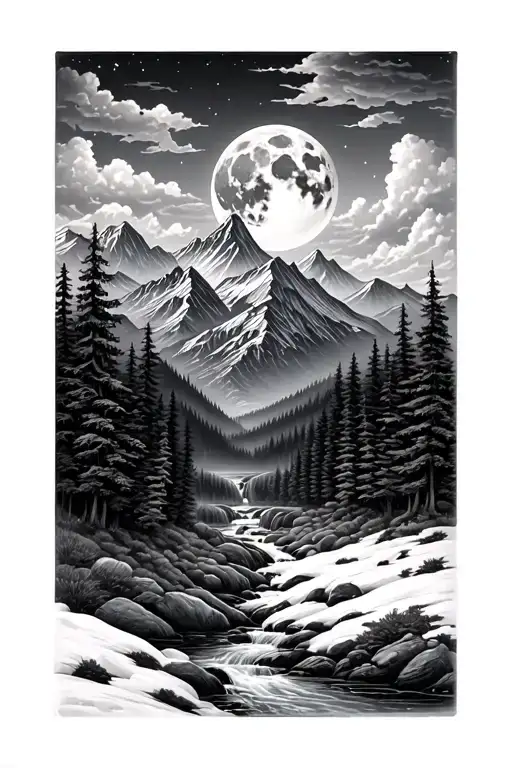 A Full Moon High Above A Forest And Mountain Range With A Stream Flowing