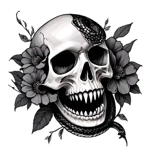 Emo Skull With Snake Teeth Out & Dark Flowers Intertwined