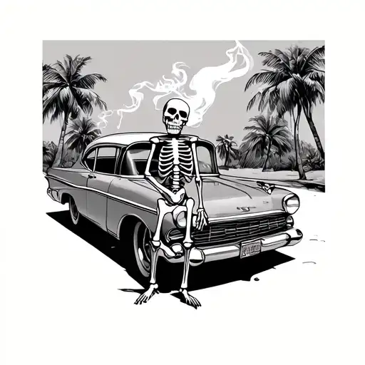 Cuban Skeleton Smoking Standing In Front Of Hood Of Old Classic Cuban Car And Palm Trees Behind It