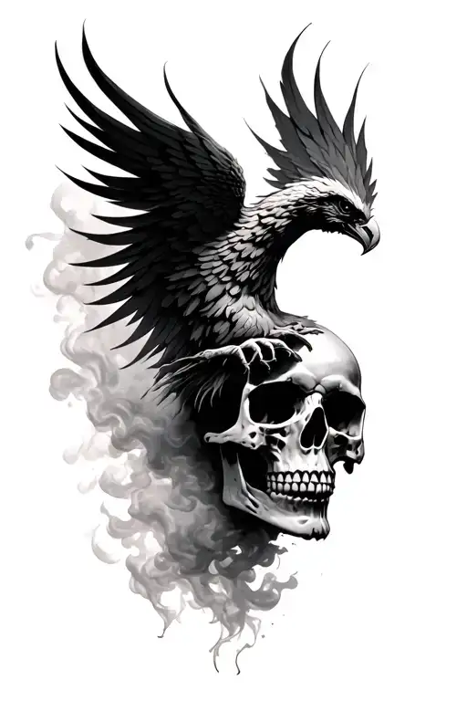 Phoenix Rising Out Of A Human Skull Turned Slighly To The Side With A Smokey Background
