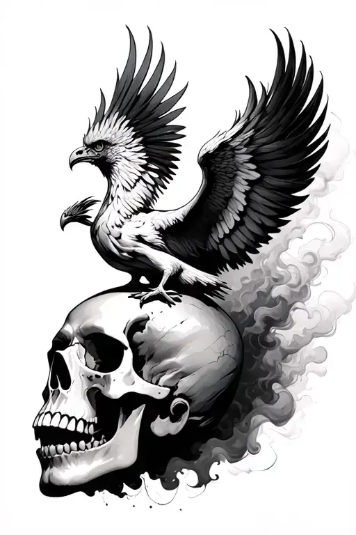 Phoenix Rising Out Of A Human Skull Turned Slighly To The Side With A Smokey Background