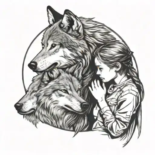 Wolf And Human Child Looking Each Other