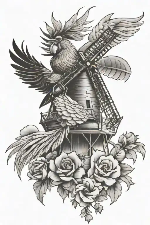 Windmill And Sexy Rooster With Angel Wings