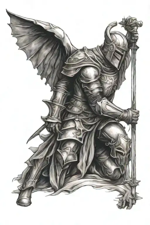 Crusader Knight Sleeve Tattoo Kneeling Praying Standing Atop Of Demon Corpses
