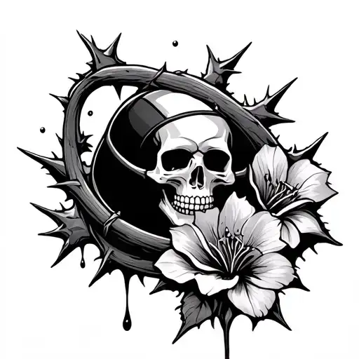 A Pill With A Skull On It And Thorns Wrapped With Blood Dripping From Thorns With A Flower