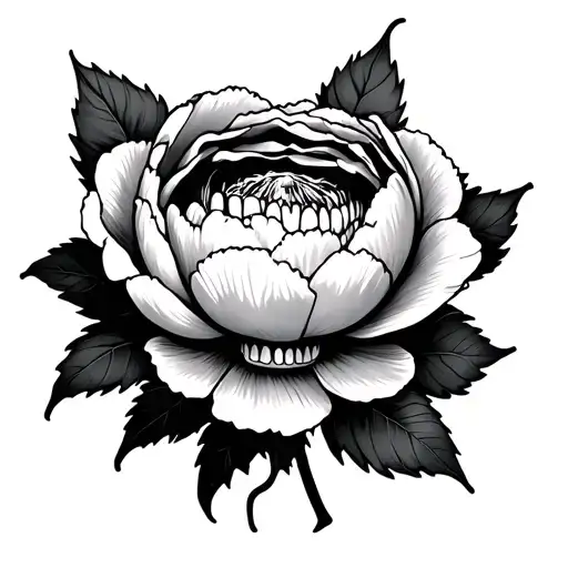A Peony Tattoo That Has Teeth And Has A Dark And Spooky Style