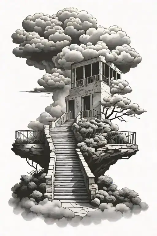 Stairs To Heaven With Clouds Inside With A Gate And A Person Walking Up The Stairs