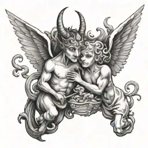 A Whimsical Devil And Angel Looking At Eachother Mischievously From Heaven And Hell