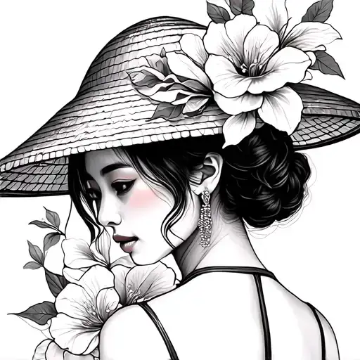 Vietnamese Woman Facing Away With Flower And Hat