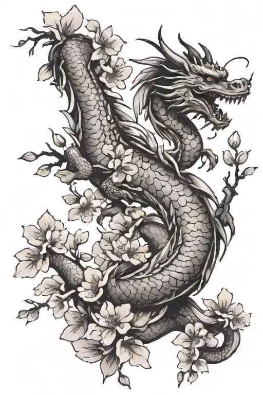 An Oriental Dragon Flying Out Of A Sakura Tree From Which Flower Petals Fly