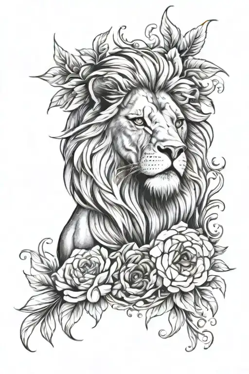 Half Lion Head And Flowers