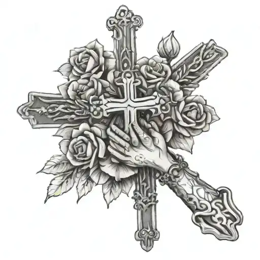 Prayer Hands Holding Rosary With Bible Cross And Flowers