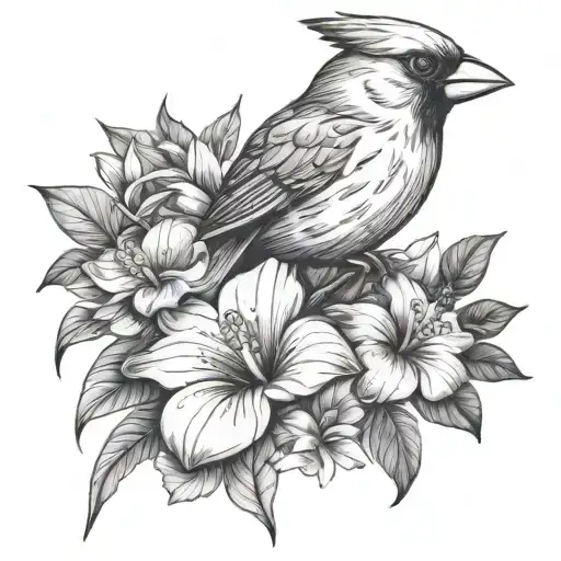 Cardinal With Hibiscus And Plumeria Flowers