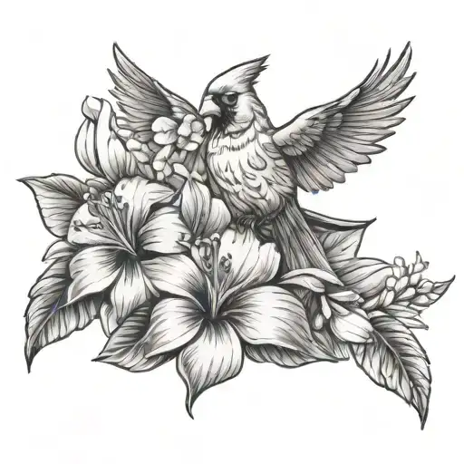 Cardinal With Wings Spread Hibiscus And Plumeria Flowers