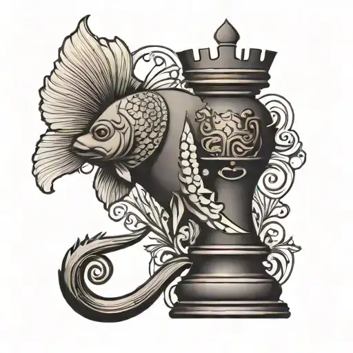 An Intricate Chess Piece Design With Fish And Sunset Elements Incorporated