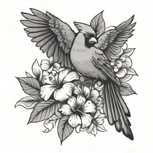 Central Cardinal With Wings Spread Hibiscus And Plumeria Flowers