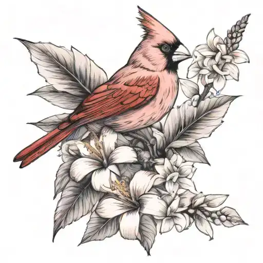Displayed Cardinal With Plumeria And Hibiscus Flowers