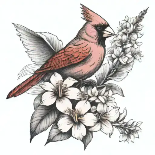 Displayed Cardinal With Wings Spread With Plumeria And Hibiscus Flowers