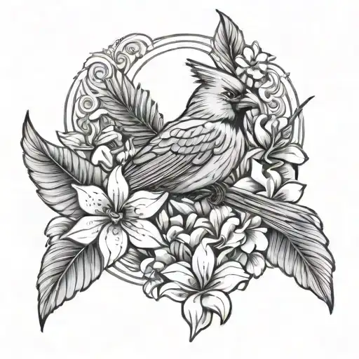 Displayed Cardinal With Wings Spread With Plumeria And Hibiscus Flowers