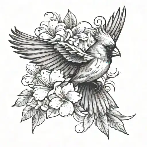 Cardinal With Wings Spread With Plumeria And Hibiscus Flowers