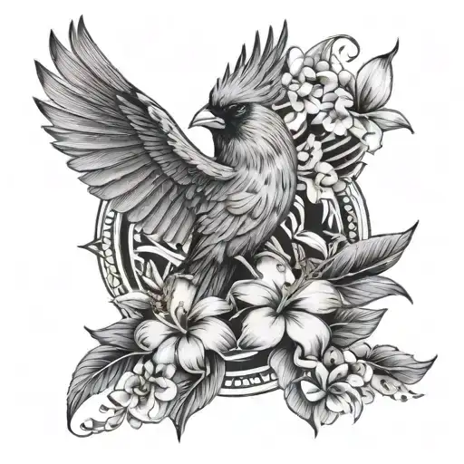 Symmetrical Cardinal With Wings Spread With Plumeria And Hibiscus Flowers