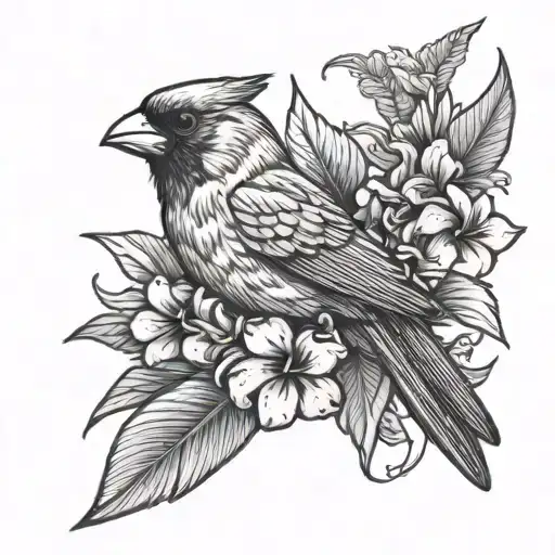 Symmetrical Cardinal With Wings Spread With Plumeria And Hibiscus Flowers